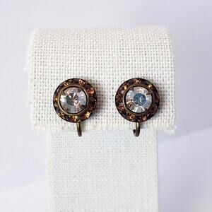 Vintage Liz Palacios Antique Brass Tone‎ Amber & Clear Crystal Clip On Earrings